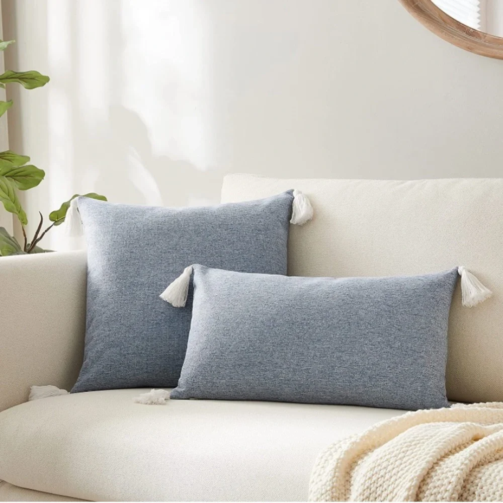 Luxury Home | Boho Coastal Misty Blue & White Tassel Corner Throw Pillow Covers